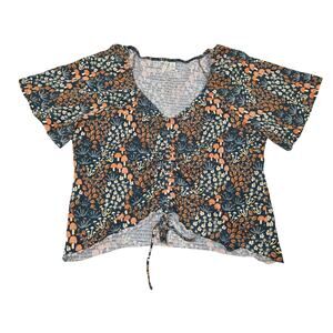 Cato Blouse Womens XL Multicolor Mushroom Floral V Neck Ruched Cropped Fairycore